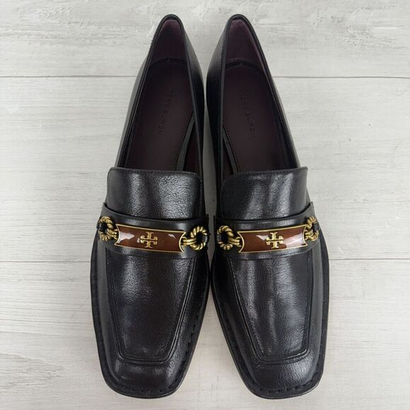 Tory Burch Size 8.5 Perrine Loafer Shoes Square Toe Logo Leather Perfect Black - Picture 5 of 16